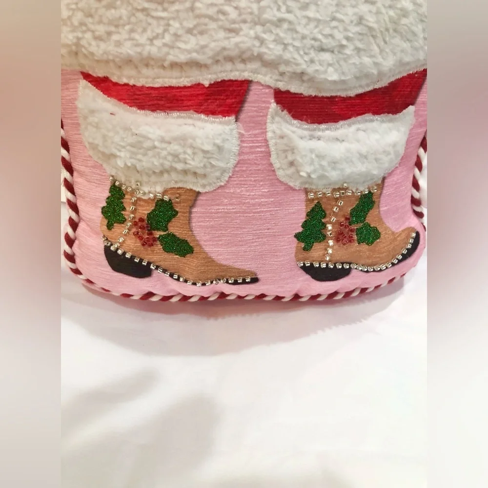 Isaac Mizrahi Christmas embellished festive cowboy western Santa pink pillow new